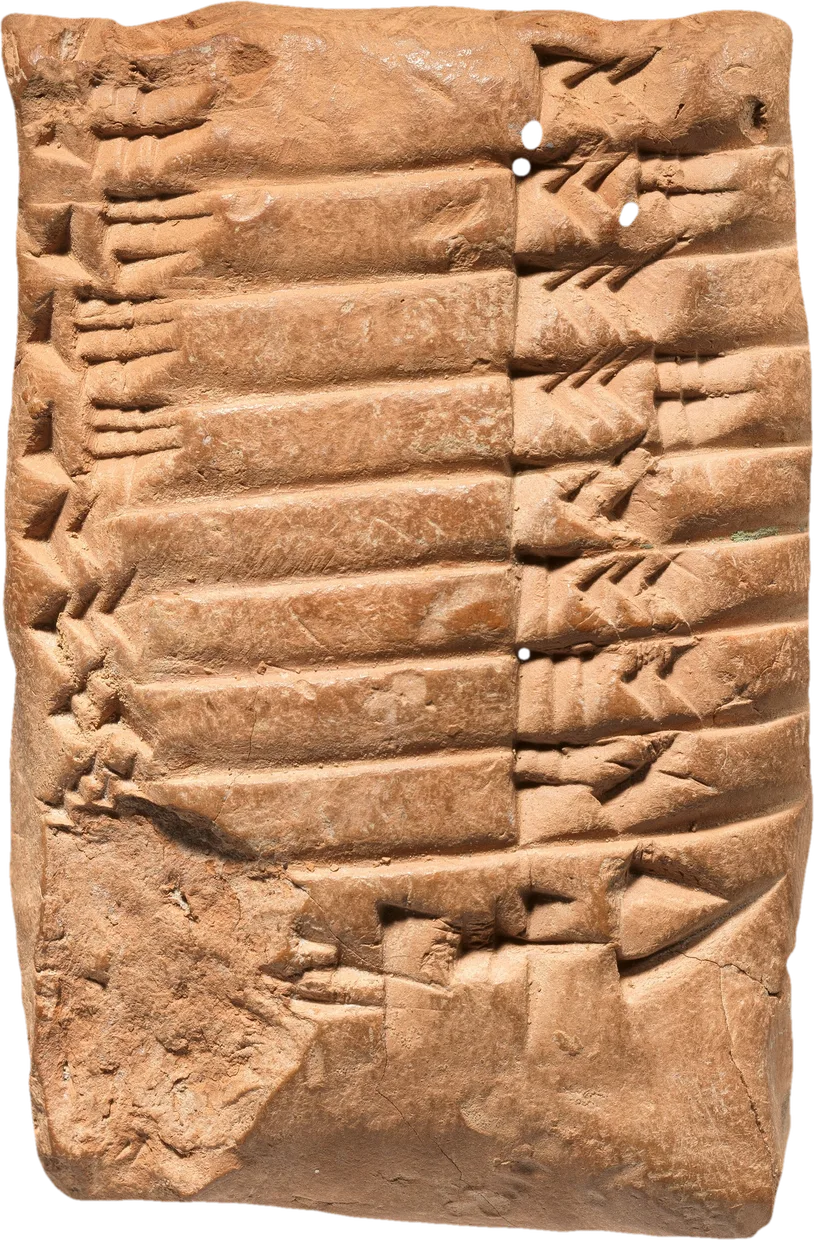 Clay cuneiform tablet with a multiplication table, Old Babylonian period.
